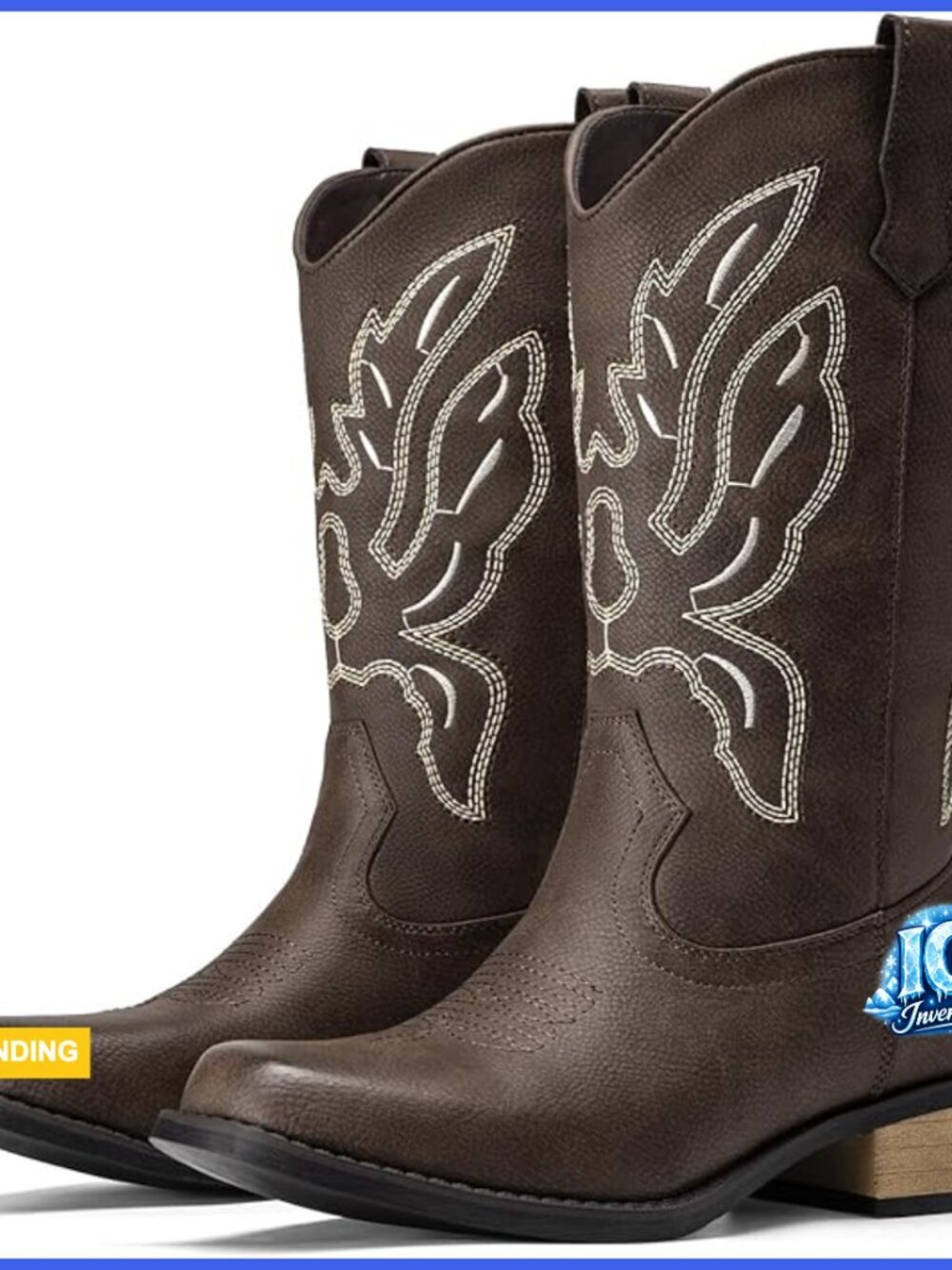 Mid Calf Western Boots Square Toe Faux Leather Pull On Chunky Heel